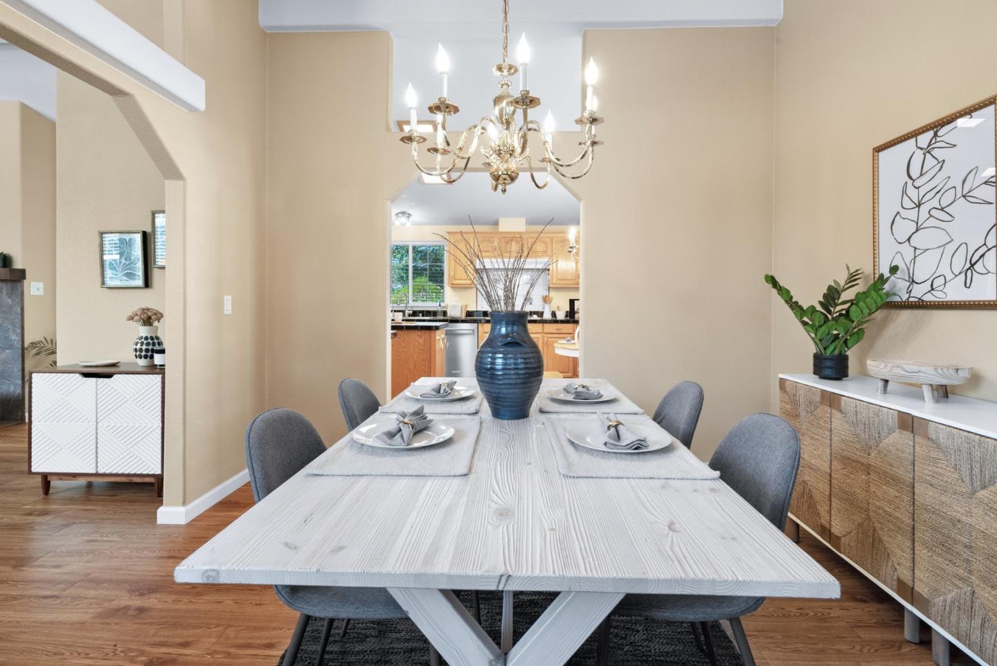 552 Bean Creek Road Scotts Valley, CA 95066 - Photo 21 of 76 a view of a dining room with furniture wooden floor and chandelier