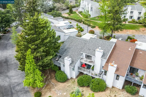 an aerial view of a house with a yard and potted plants