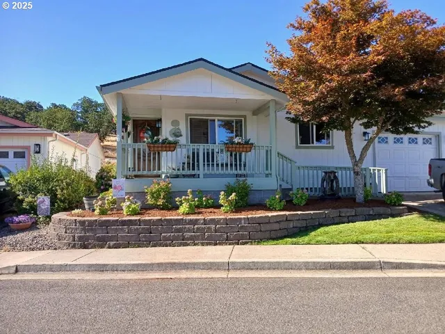 a front view of a house with garage and plants
