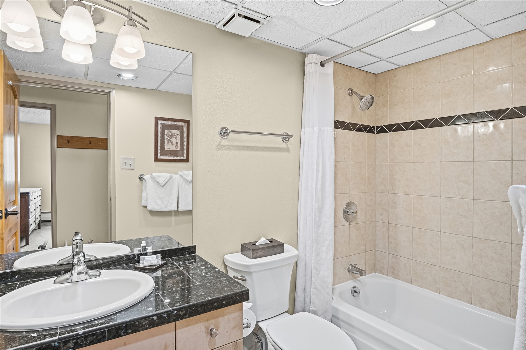 611 Village Road, Unit 24260 Breckenridge, CO 80424 - Photo 22 of 50 a bathroom with a granite countertop sink a toilet a mirror a vanity and shower