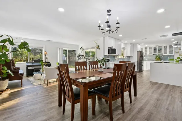 a view of a dining room with furniture and wooden floor