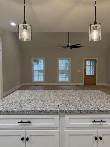 an empty room with wooden floor chandelier fan and windows