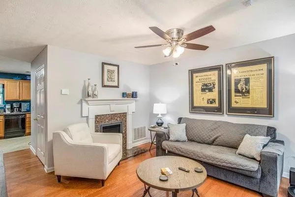 a living room with furniture and a fireplace