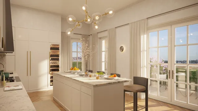 a balcony with outdoor seating and lake view