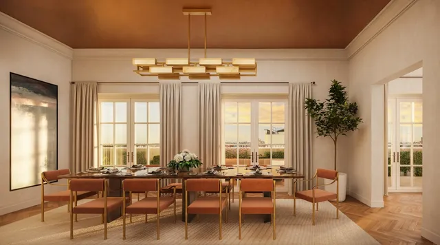 a view of a kitchen with granite countertop a sink and a refrigerator