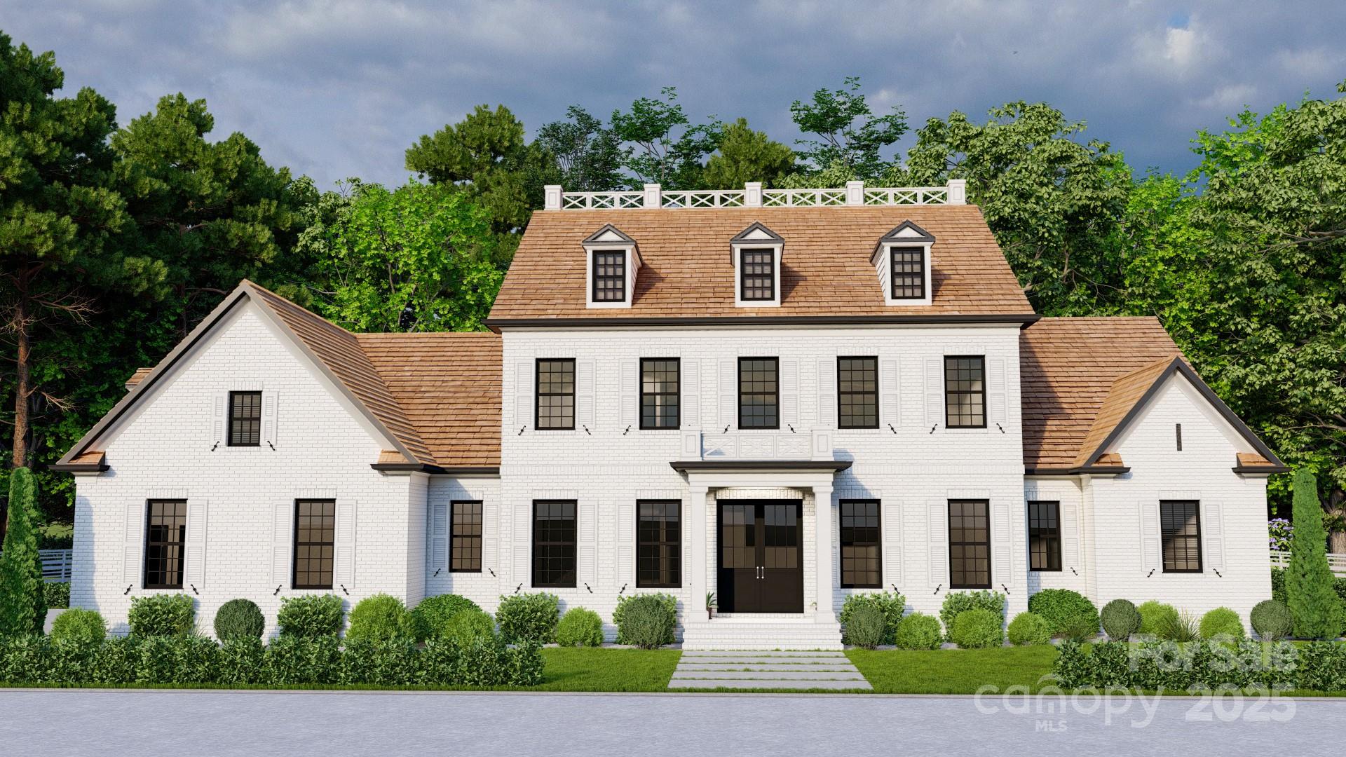 a view of a white house with a yard and plants