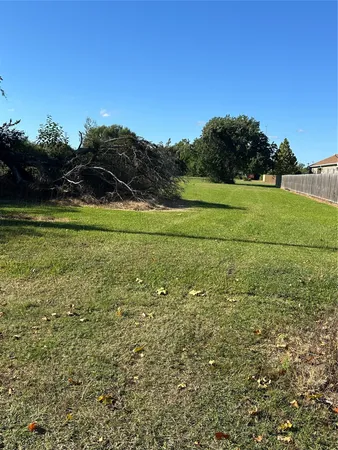 a view of a field with an trees in the background
