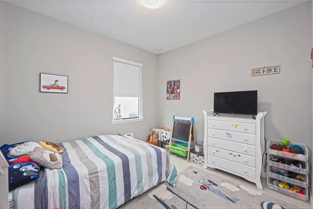 a bedroom with a bed and a tv on the dresser