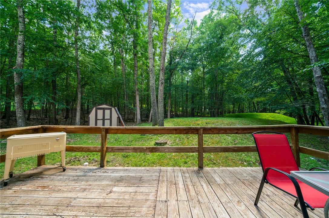 222 Powder Horn Road Henryville, PA 18332 - Photo 21 of 25 A spacious wooden deck provides serene views of the surrounding woodland and a charming shed.