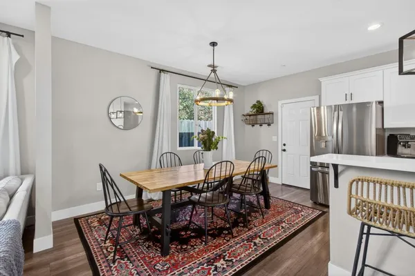 a view of a dining room with furniture