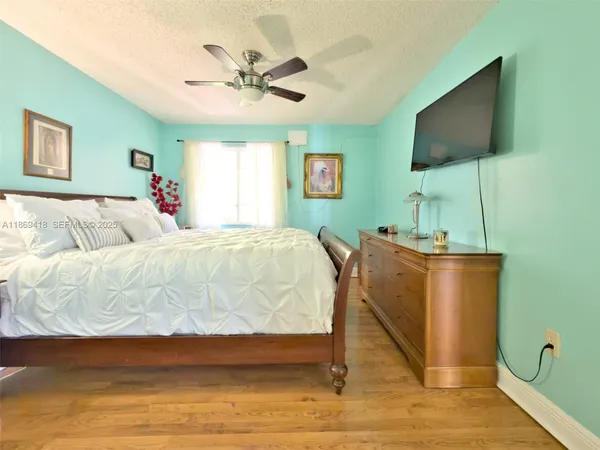 a bedroom with a bed and flat screen tv