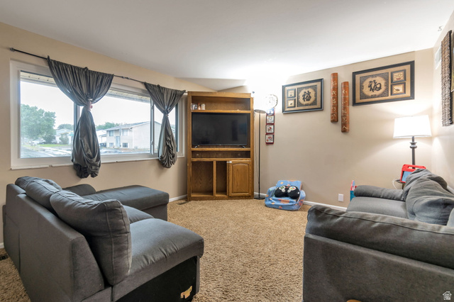 7466 Washington Road Magna, UT 84044 - Photo 2 of 21 Built-in entertainment center, neutral-toned walls, and carpet flooring