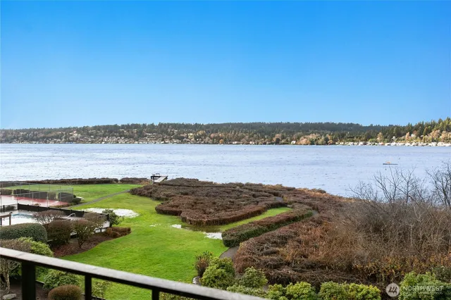 a view of a lake with houses in the back