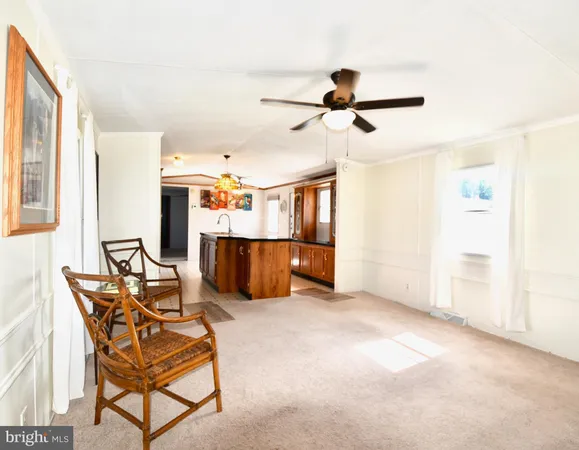 a view of a livingroom with furniture and a ceiling fan