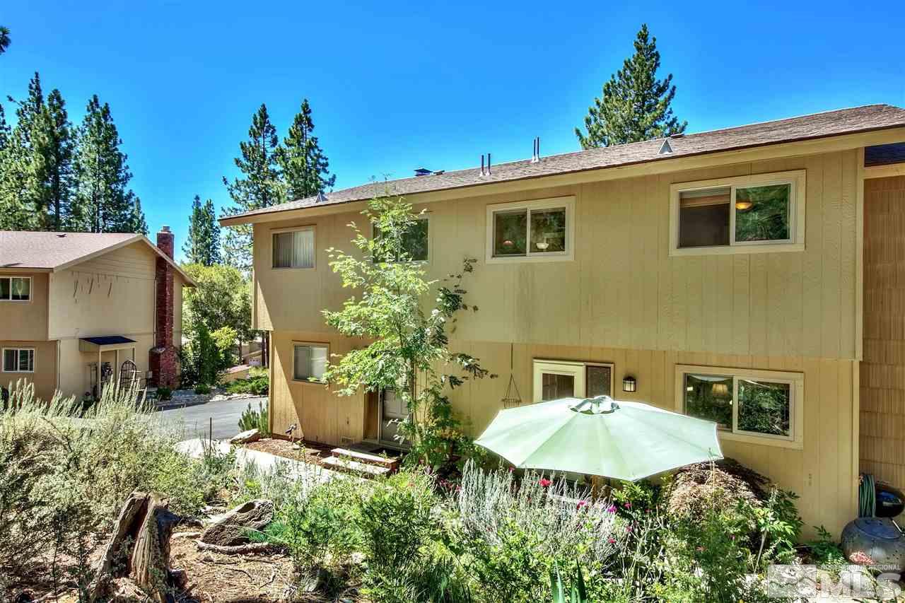 450 Mcfaul Way Zephyr Cove, NV 89448 - Photo 18 of 20 a backyard of a house with fountain plants and large tree