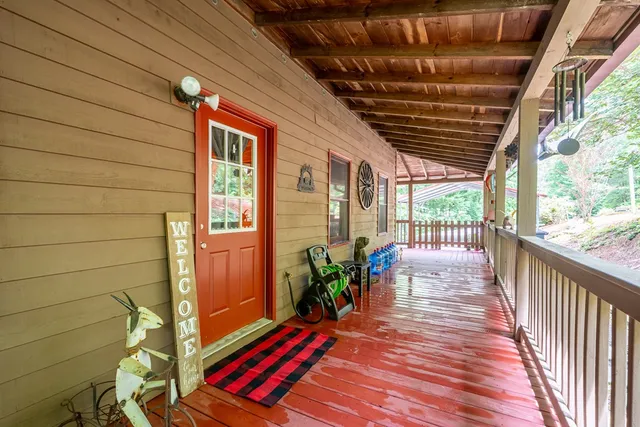 a balcony with wooden floor