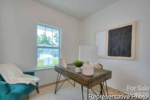 a view of a workspace with furniture and a potted plant