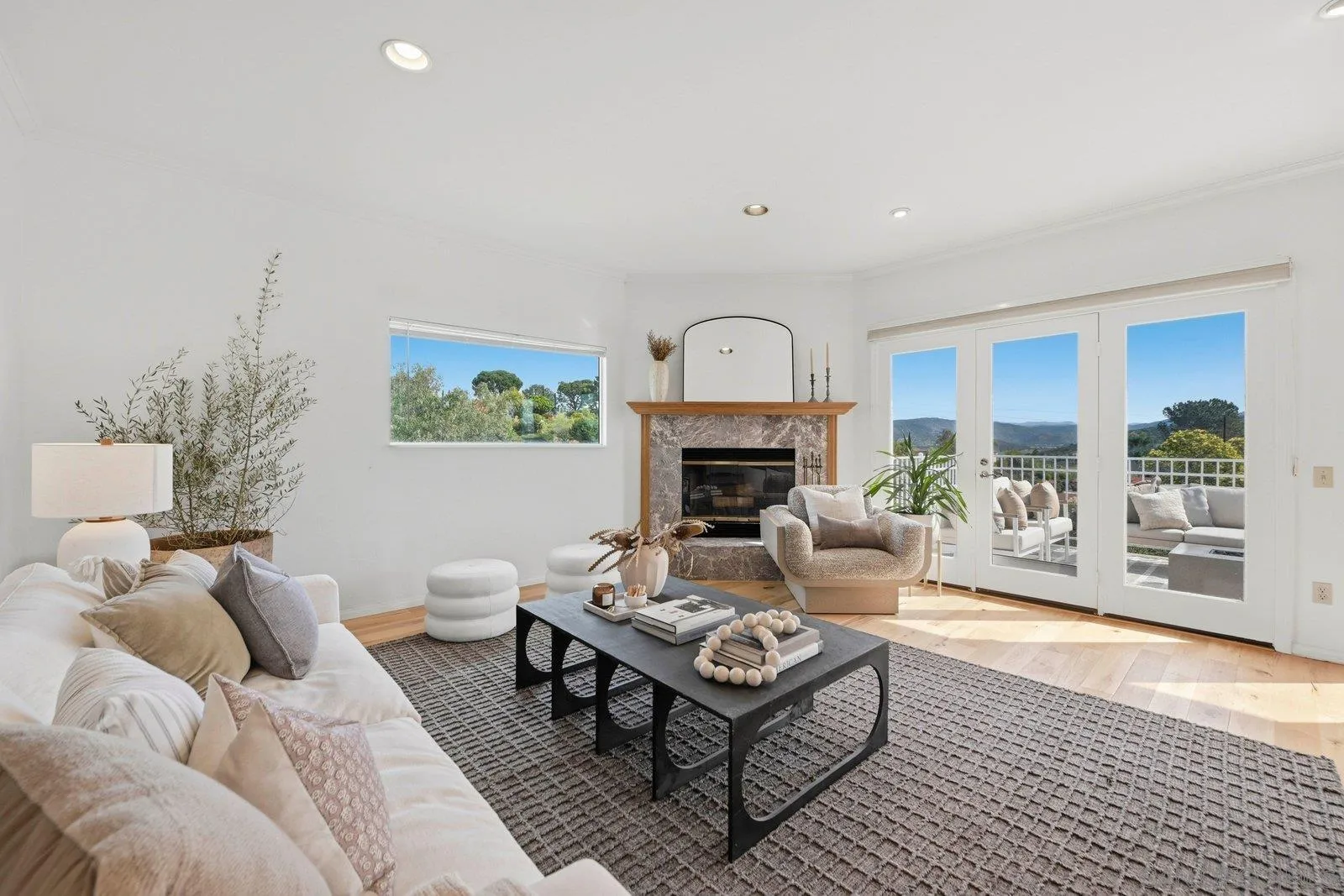3132 Don Rolando Escondido, CA 92025 - Photo 6 of 56 a living room with furniture a fireplace and a large window with garden view