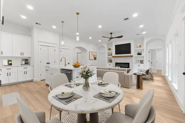 a view of a dining room with furniture
