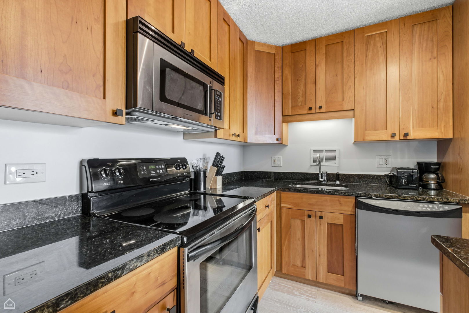 450 West Briar Place, Unit 10H Chicago, IL 60657 - Photo 2 of 17 a kitchen with stainless steel appliances granite countertop a sink stove and microwave