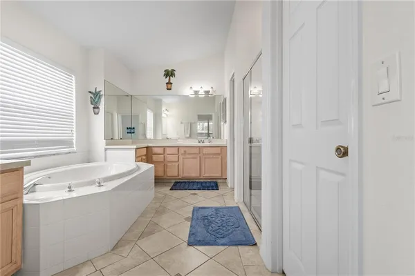a bathroom with a tub a sink and a large mirror