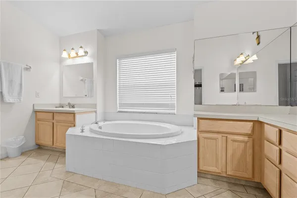 a bathroom with a bathtub sink and mirror