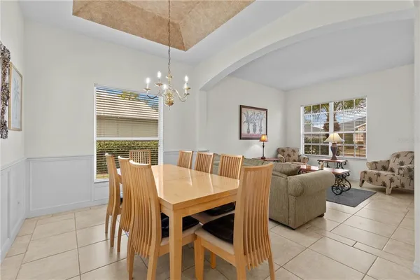 a view of a dining room with furniture