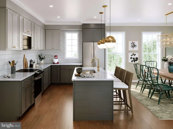 a kitchen with a table chairs sink and cabinets