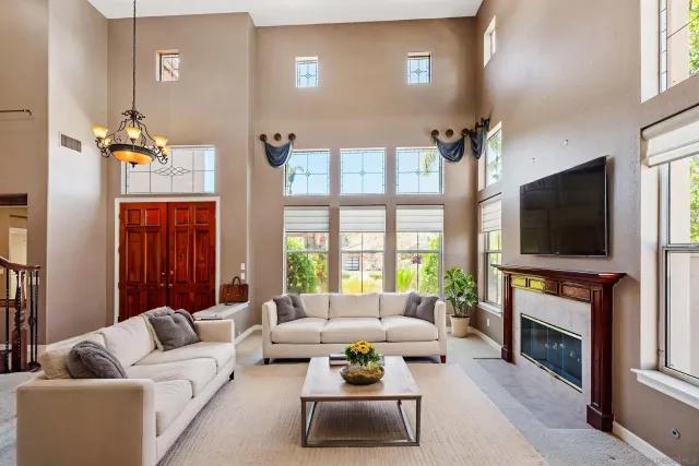 a view of a dining room with furniture window and outside view