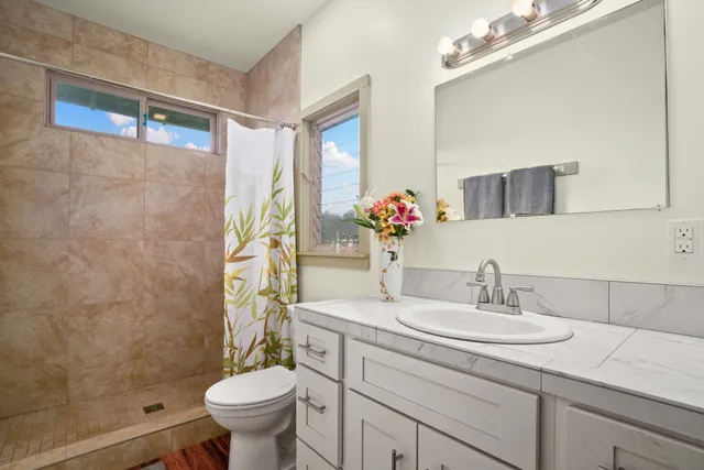 a bathroom with a granite countertop sink a toilet and a mirror