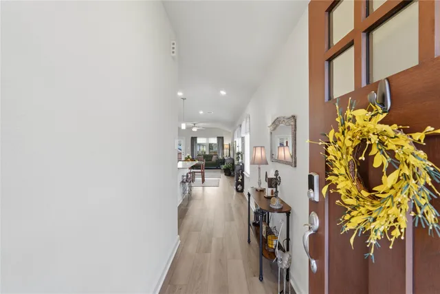 wooden floor in a gallery with a dining area