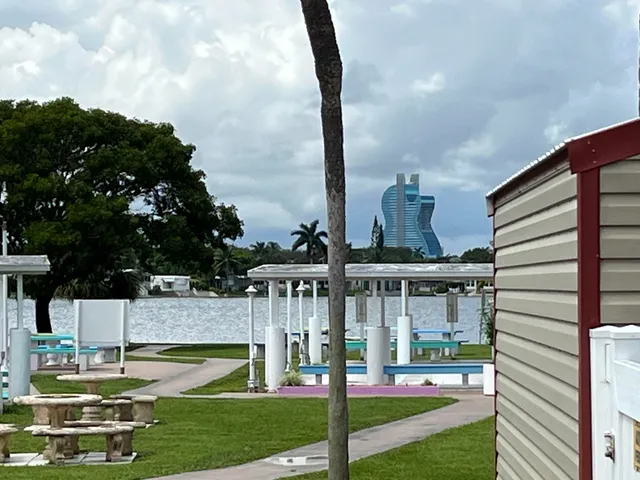 a view of a garden with houses