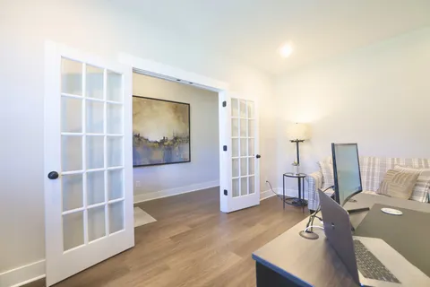 a living room with furniture and a potted plant