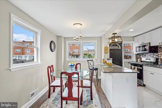 a view of a dining room with furniture window and outside view