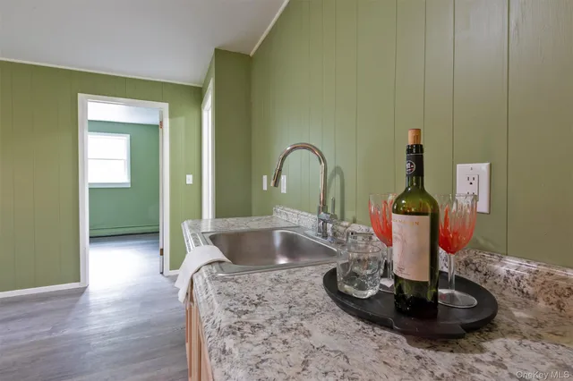 a kitchen with a two sink and a potted plant