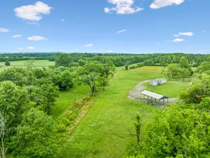 a view of a green field with trees