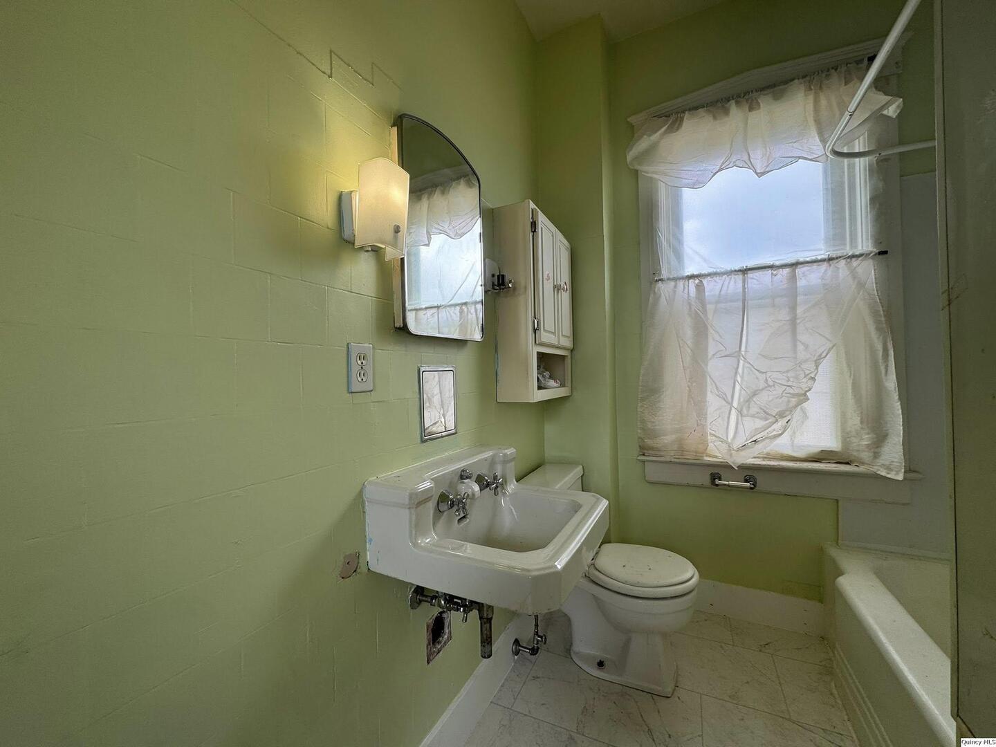 608 Adams Street Quincy, IL 62301 - Photo 12 of 19 a bathroom with a toilet a sink and mirror