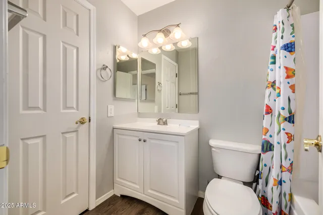 a bathroom with a sink a toilet and shower curtain