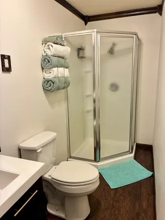 a bathroom with a toilet a sink and shower