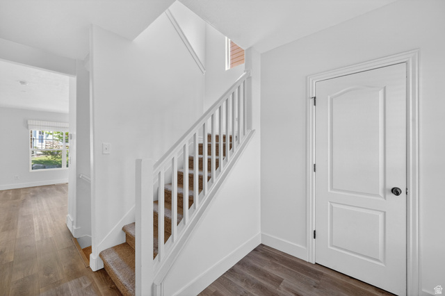 14771 Haddington Road Draper, UT 84020 - Photo 2 of 44 Modern entryway featuring wood-finish flooring, a carpeted staircase with white railings, and a two-panel interior door