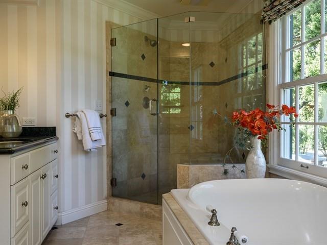 24 Edge Road Atherton, CA 94027 - Photo 19 of 34 a bathroom with a granite countertop sink a shower and a mirror