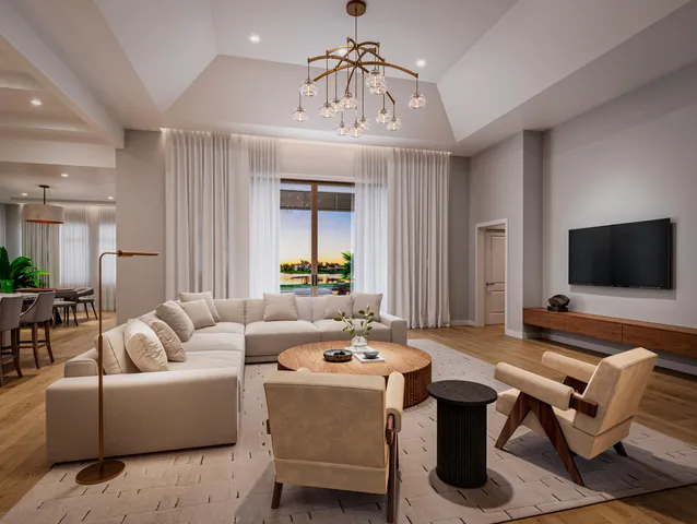 a living room with furniture a chandelier and a flat screen tv