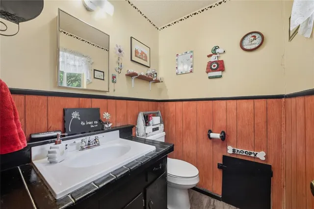 a bathroom with a sink a toilet and shower curtain