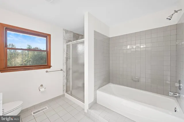 a bathroom with a bathtub and a toilet