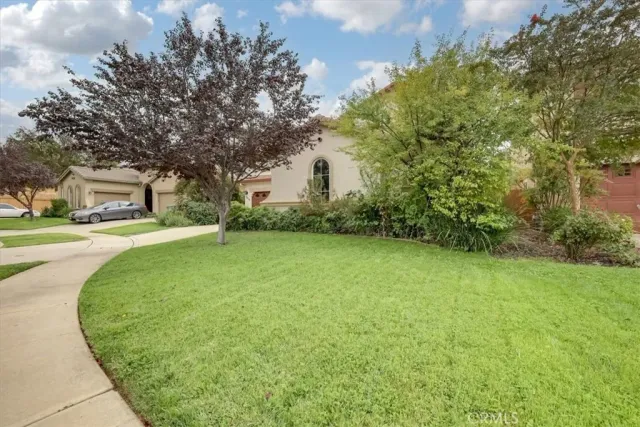 a view of a garden with houses