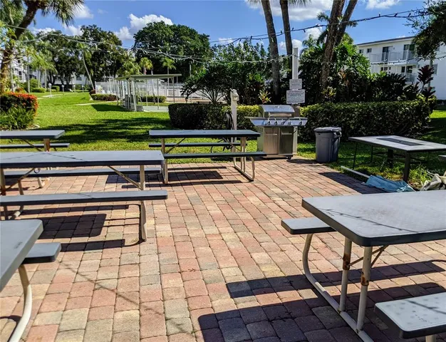 a view of a chairs and tables in the park