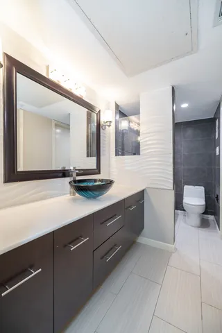 a bathroom with a sink vanity and toilet