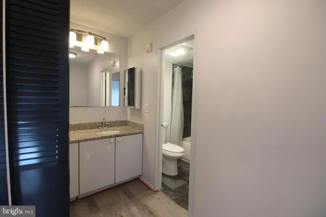 a bathroom with a granite countertop sink a toilet and a mirror