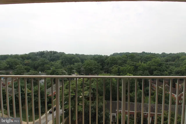 a view of a fence and trees