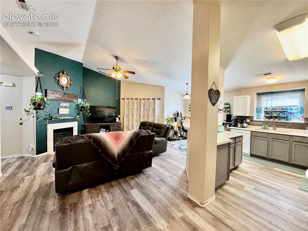 3748 Riviera Grove, Unit 203 Colorado Springs, CO 80922 - Photo 3 of 23 a living room with furniture and a fireplace